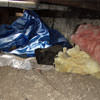 A crawl space filled with loose insulation, debris, and a large tarp in Hubert.