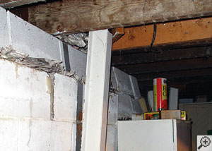 A failing foundation wall and i-beam support in a Fayetteville home